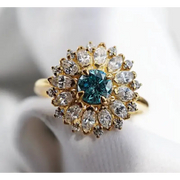 Blue Round Lab Grown Diamond Flower Cluster Ring in 18K Yellow Gold, Marquise Lab Grown Diamond Engagement Ring