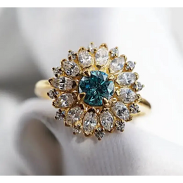 Blue Round Lab Grown Diamond Flower Cluster Ring in 18K Yellow Gold, Marquise Lab Grown Diamond Engagement Ring