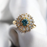 Blue Round Lab Grown Diamond Flower Cluster Ring in 18K Yellow Gold, Marquise Lab Grown Diamond Engagement Ring