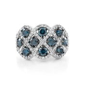 Natural Blue Round Diamond Cluster Ring in 18K White Gold, White Lab Grown Halo Pave Engagement or Cocktail Ring