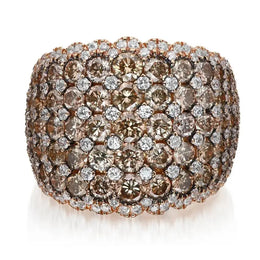 Natural Brown and White Lab Grown Diamond Dome Ring in 18K Rose Gold, Pave Cluster Wide Band Luxury Men Ring Gift