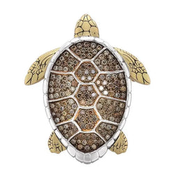 Brown Natural Diamond Turtle Brooch in Yellow & White Gold, Animal-Inspired Jewelry Symbol of Longevity