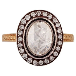 Antique Oval Cut Lab Grown Diamond Halo Ring in 18K Yellow Gold & Silver, Vintage Victorian Engagement Ring