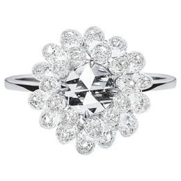 Floral Cluster Pear Drop Lab Grown Diamond Ring in 18K White Gold, Round Rose Cut Diamond Halo Engagement Ring