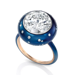 Round Brilliant Lab Grown Diamond Ring in 18K Rose Gold with Blue Enamel Halo, Modern Statement Ring