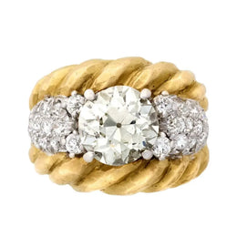 Vintage 18K Yellow Gold Old Mind Cut Lab Grown Diamond Cocktail Ring, Round Brilliant Center with Pave Lab Diamond Accents