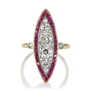 Antique Round Lab Grown Diamond and Ruby Navette Ring in 18K Gold, Edwardian Art Deco Vintage Ring