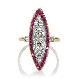 Antique Round Lab Grown Diamond and Ruby Navette Ring in 18K Gold, Edwardian Art Deco Vintage Ring