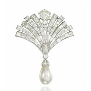 Art Deco Lab Grown Diamond Fan Brooch with Pearl Drop in Platinum, Vintage Luxury Collectible Jewelry