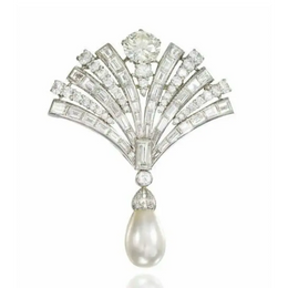 Art Deco Lab Grown Diamond Fan Brooch with Pearl Drop in Platinum, Vintage Luxury Collectible Jewelry