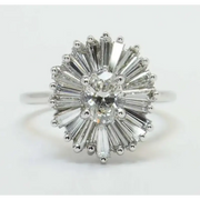 Starburst Tapered Baguette Lab Grown  Diamond Cluster Ring in 18K White Gold, Vintage Round Cut Engagement Ring