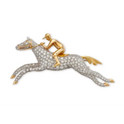 18K Yellow Gold Horse and Jockey Brooch with 4.98 Carat Lab Grown Diamonds, Vintage Equestrian Racing Brooch Gift