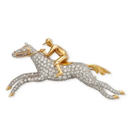 18K Yellow Gold Horse and Jockey Brooch with 4.98 Carat Lab Grown Diamonds, Vintage Equestrian Racing Brooch Gift