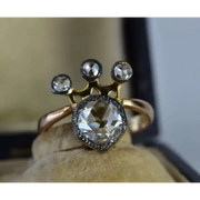 Antique Crown Ring with Rose Cut Lab Grown Diamonds in 18K Gold, Vintage Style Engagement Ring