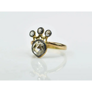 Antique Crown Ring with Rose Cut Lab Grown Diamonds in 18K Gold, Vintage Style Engagement Ring