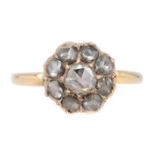 Antique Rose Cut Natural Diamond Cluster Ring in 18K Yellow Gold, Vintage Flower Design Engagement Ring