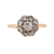 Antique Rose Cut Natural Diamond Cluster Ring in 18K Yellow Gold, Vintage Flower Design Engagement Ring