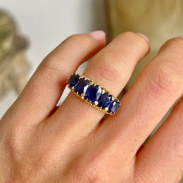 Blue Sapphire Eternity Band Ring in 18K Yellow Gold, Oval Cut Sapphire Anniversary Ring