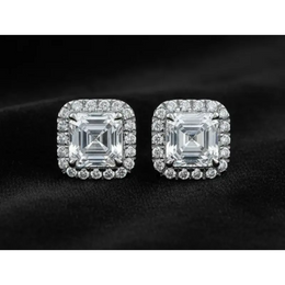 Asscher Cut Halo Lab Grown Diamond Stud Earrings in 14K White Gold, Elegant Bridal Jewelry Gift for Her