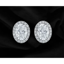 Oval Cut Halo Lab Grown Diamond Stud Earrings in 14K White Gold, Elegant Bridal Jewelry Gift for Women