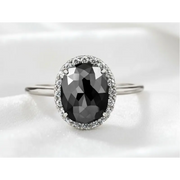 Oval Cut Black Natural Diamond Halo Ring in White Gold, Engagement Ring for Women, Unique Gift