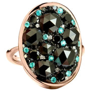 Black and Blue Natural Diamond Cluster Ring in 14K Rose Gold, Modern Art Deco Statement Ring