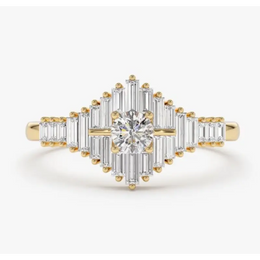 Round and Baguette Cut Lab Grown Diamond Cluster Ring in 18K Yellow Gold, Art Deco Engagement Ring