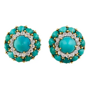 Turquoise Gemstone and Lab Grown Diamond Floral Stud Earrings in 18K Yellow Gold, Vintage Cluster Earrings for Women