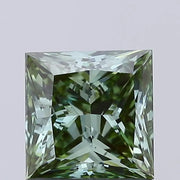 vivid green colour diamond princess cut green lab grown diamond with sharp facets on a light gray background.