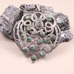 Victorian emerald diamond pendant in sterling silver, 1990s old-style elegant jewelry, unique gift for her