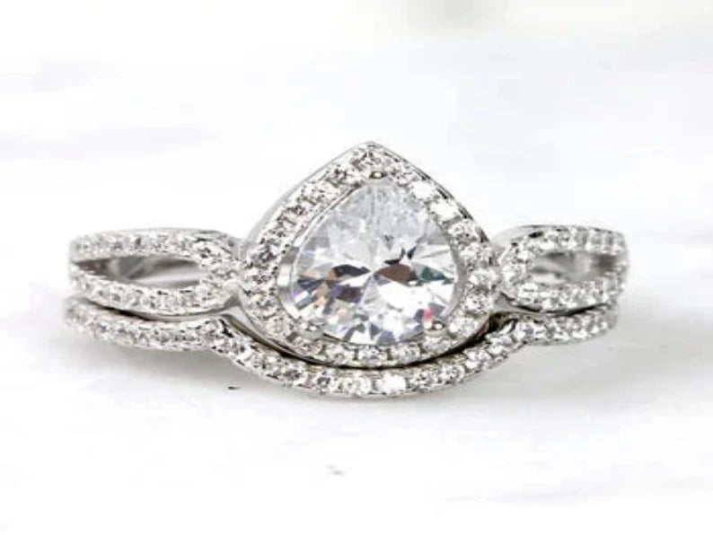 Pear Cut Wedding Halo Simulated Diamond Ring Set