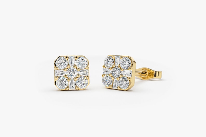 Diamond Earrings / 14k Solid Gold Plated Natural Baguette Diamond and Round Diamond Unique Stud Pair Earrings made by Jayamargems