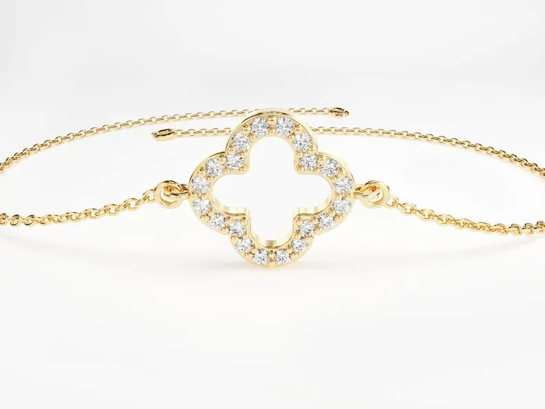 Simulated Diamond Clover Shape Charm Bracelet 14k Yellow Gold Plated Delicated Braclet - Jay Amar Gems