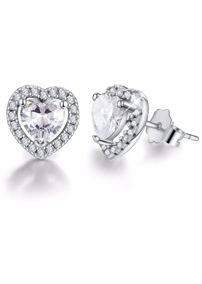 Sterling Silver Diamond Simulated Diamond Crystal Heart Stud Earrings Wedding Anniversary Gift