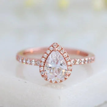 1 CT Pear Cut Halo Rose Gold Plated Engagement Ring Promise Ring Birthstone Ring Anniversary Ring Wedding Ring