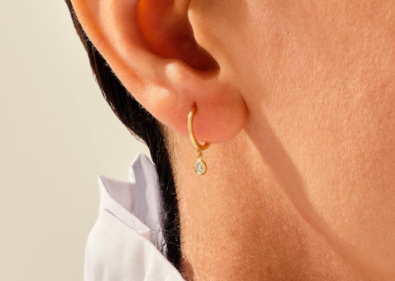 Bezel Hoops Earrings 14k Yellow Gold Plated Small Diamond Handmade Jewelry Classic Earring For Gift - Jay Amar Gems