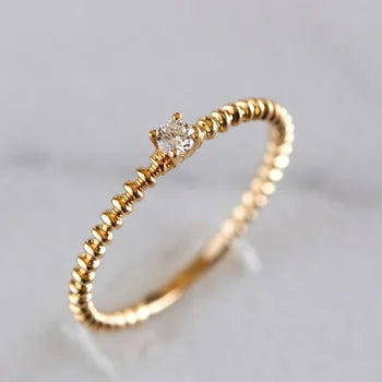 14K Gold Plated Diamond Beaded Ring, Solitaire Ring, 14K White Gold Plated Stackable Ring, Promise Ring, Gift for Her