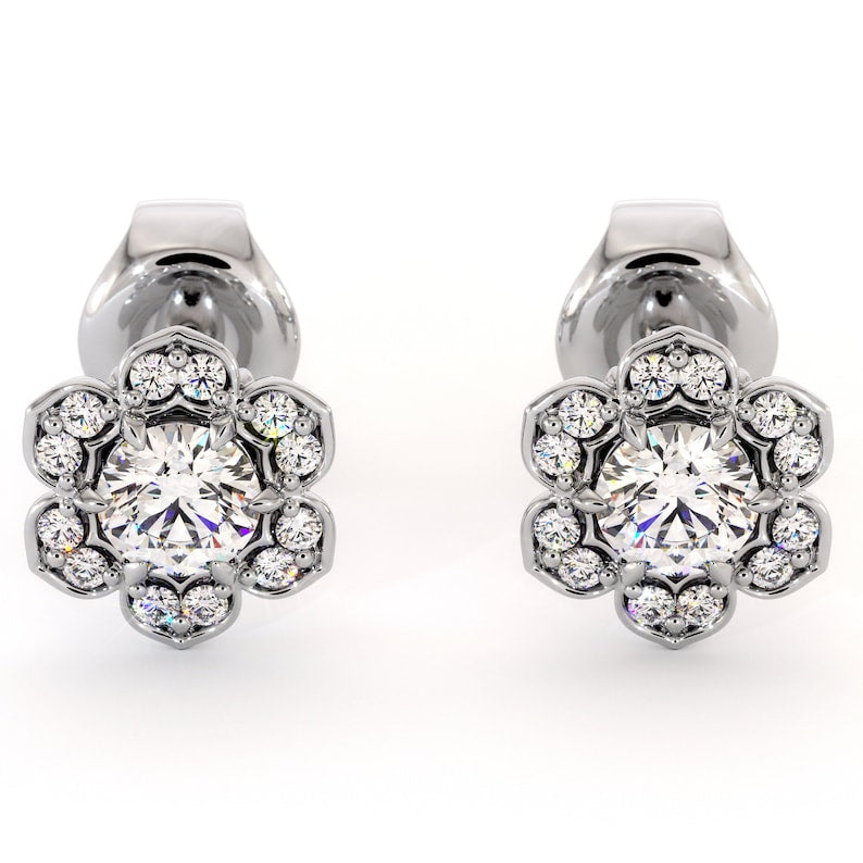 Shimmering Halo Stud Earrings Sterling Silver Earrings Simulated Diamond Stud Earrings 14K Gold Plated Earrings - Jay Amar Gems