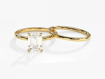 Minimalist Emerald Cut Moissanite Engagement Ring Set / 14k Solid Gold Plated Wedding Band Set / Dainty Simple Yellow, White, Rose Gold Bridal Set