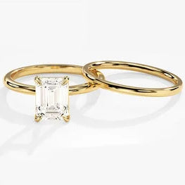 Minimalist Emerald Cut Moissanite Engagement Ring Set / 14k Solid Gold Plated Wedding Band Set / Dainty Simple Yellow, White, Rose Gold Bridal Set