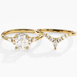 Vintage Moissanite Engagement Ring Set / 14k Gold Plated Oval Moissanite Art Deco Ring and Curved Cluster Wedding Band Set for Women / Bridal Set - Jay Amar Gems