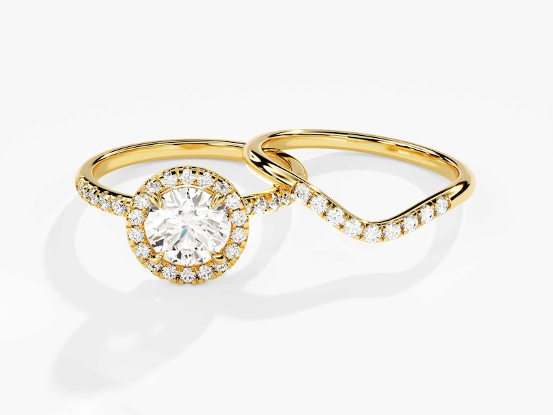 Vintage Halo Moissanite Bridal Set with Curved Wedding Band / 14k Gold Plated Unique 1 CT Round Engagement Ring Set / Anniversary Ring Set - Jay Amar Gems