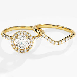 Vintage Halo Moissanite Bridal Set with Curved Wedding Band / 14k Gold Plated Unique 1 CT Round Engagement Ring Set / Anniversary Ring Set - Jay Amar Gems