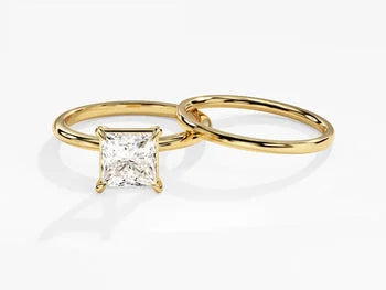 1.5 CT Princess Cut Moissanite Minimalist Engagement Ring Set / 14k Solid Gold Plated Dainty Bridal Wedding Band Set for Women / Promise Ring