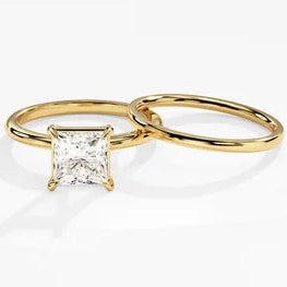 1.5 CT Princess Cut Moissanite Minimalist Engagement Ring Set / 14k Solid Gold Plated Dainty Bridal Wedding Band Set for Women / Promise Ring