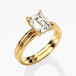 Minimalist Emerald Cut Moissanite Engagement Ring Set / 14k Solid Gold Plated Wedding Band Set / Dainty Simple Yellow, White, Rose Gold Bridal Set