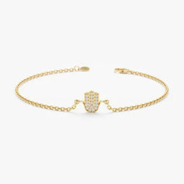 14k Gold Plated Diamond Hamsa Bracelet, Charm Bracelet, Solid Gold Plated, Dainty Bracelet, Diamond Bracelet