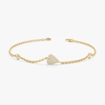 14k Gold Plated Diamond Heart Bracelet, Small Solid Gold Heart Bracelet, Mini Heart Bracelet