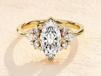 1.50 CT Marquise Moissanite Engagement Ring with Side Stones / 14K Solid Gold Plated Vintage Inspired Promise Ring / Marquise Cluster Ring
