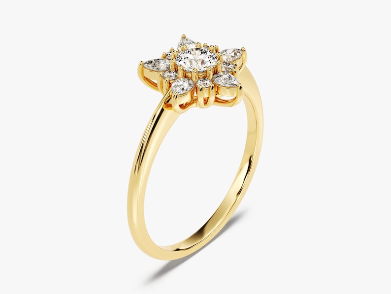 Floral Engagement Ring in 14K Solid Gold / Nature-Inspired Ring / 0.25 CT Round Moissanite with Pear Cluster / Vintage Stackable Ring